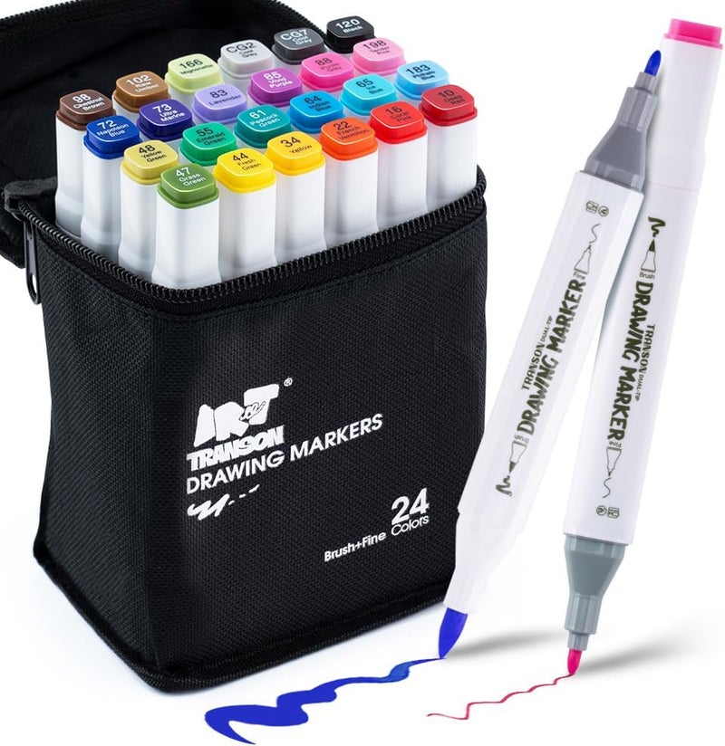 TRANSON Markers كحولية للرسم والتلوين 24 لون برؤوس مزدوجة رفيعة وفرشاة - Image 1